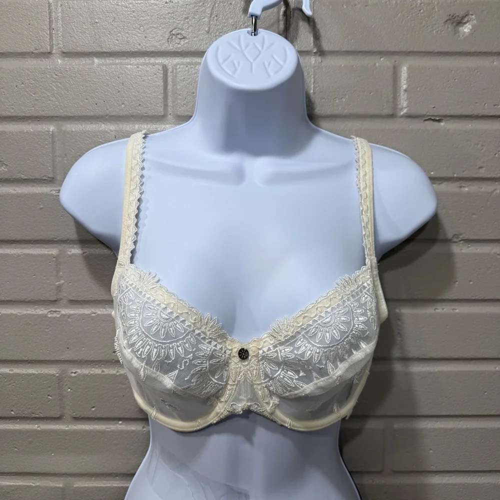 Vintage Y2K Chantelle Paris Lace Embroidered Sheer Mesh Bra‎ 32DD Made in France